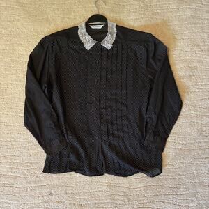 Vintage 70s Miss Fashionality Womens 17-18 Lace Collar Button Up Cottagecore